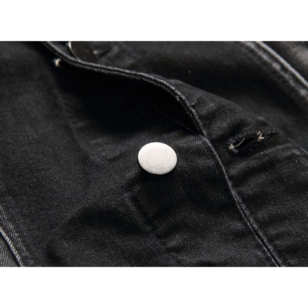 Men's Jean Jacket Distressed Slim Denim Jacket Long Sleeve Button Down Black7013 - Picture 7 of 9